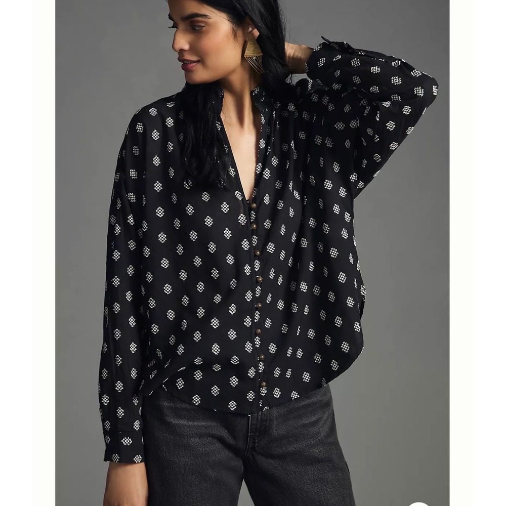 Pilcro and the Letterpress Navy White Diamond Print Ruffle Blouse Large